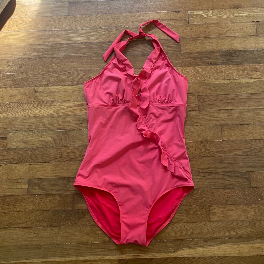 Spanx coral pink one piece swimsuit ruffle halter